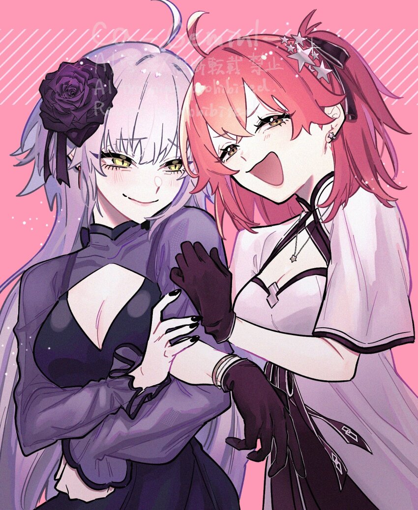 2girls, ahoge, black_gloves, black_nails, blunt_bangs, breasts, ca_(ca_gemini), center_opening