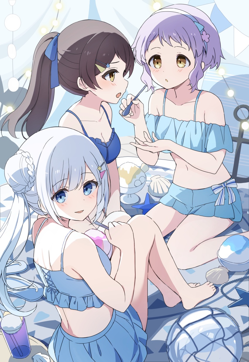 3girls, absurdres, barefoot, bikini, blue_bikini, blue_eyes, blue_ribbon, blue_theme