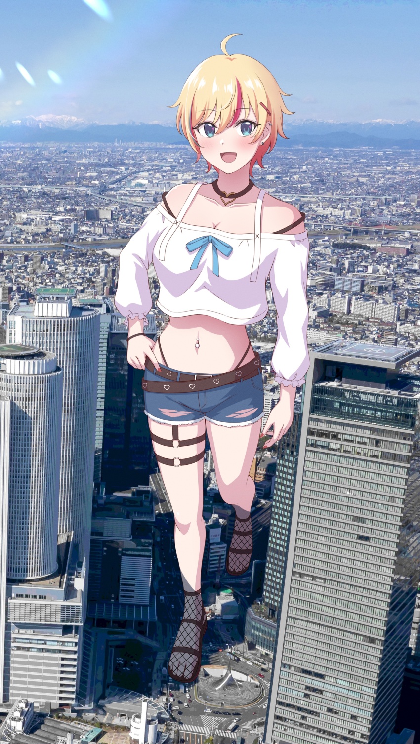 absurdres, ahoge, belt, blonde_hair, blue_eyes, city, commission, crop_top
