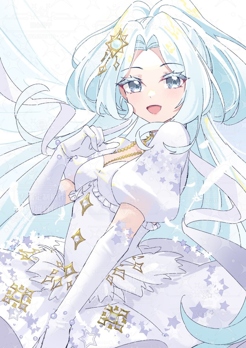 1girl, :d, ayako_(xiaqiu), blue_eyes, colored_eyelashes, commission, dress, elbow_gloves