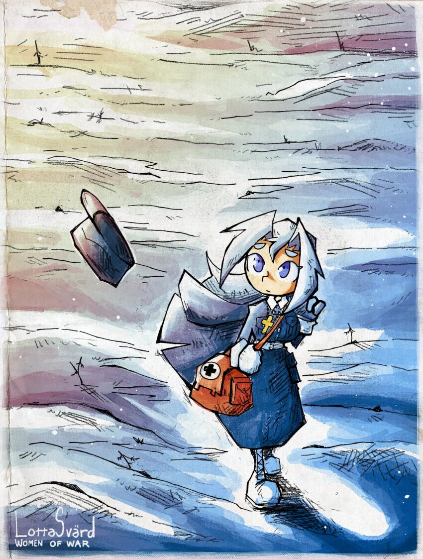 1girl, bag, blue_eyes, boots, coat, cross, cross_necklace, dress