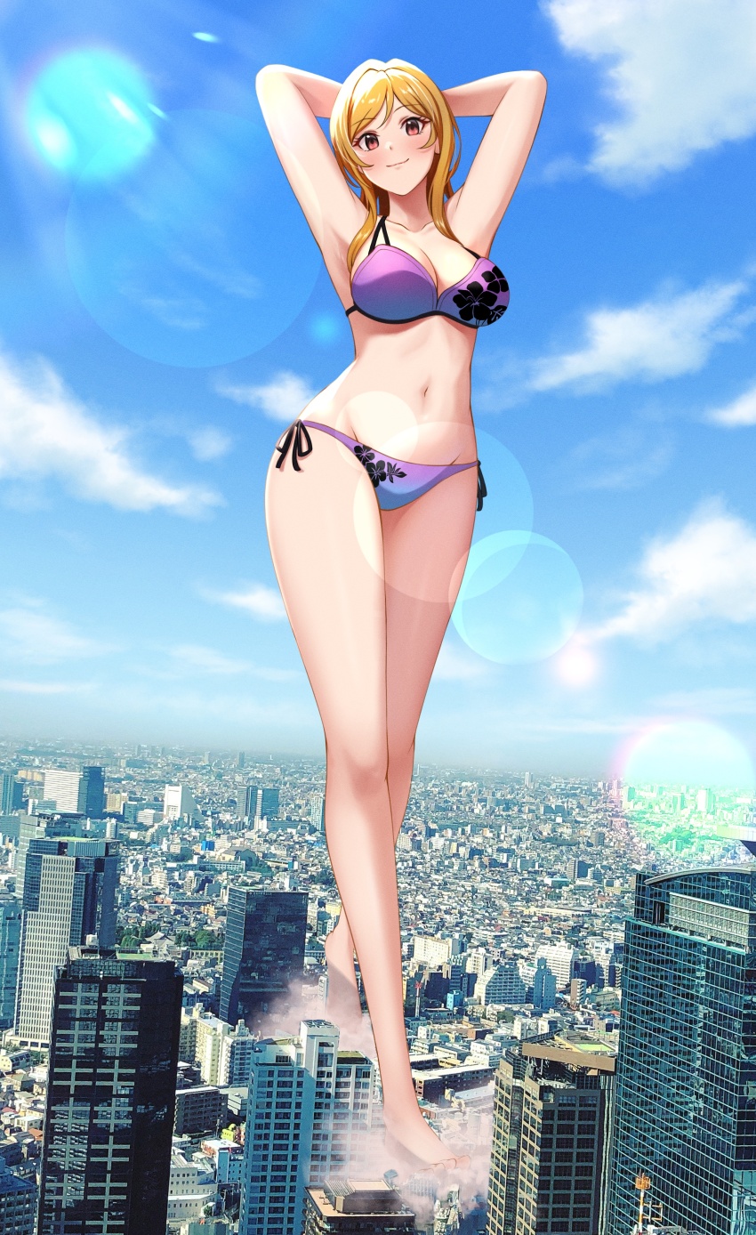 1girl, absurdres, arms_up, bikini, blue_bikini, brown_eyes, brown_hair, city