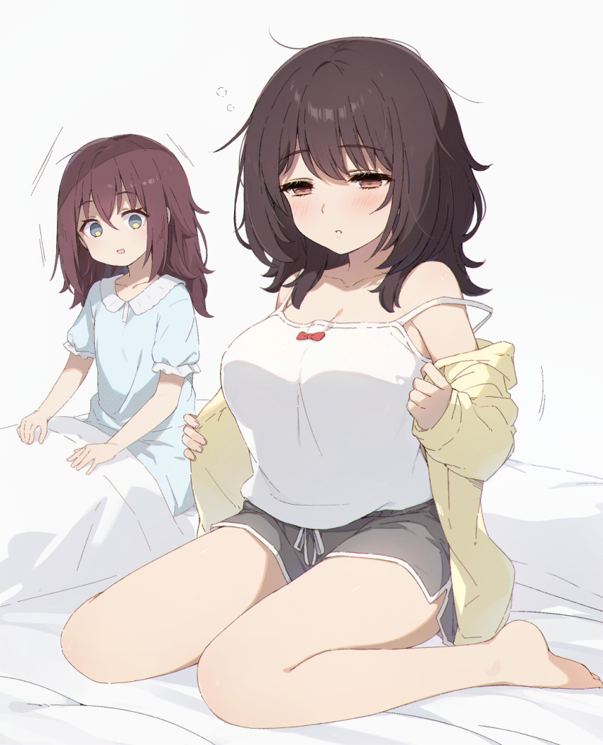 2girls, aqua_nightgown, barefoot, black_hair, bow_camisole, breast_envy, breasts, brown_eyes, camisole, cardigan, cleavage, cohiyuri, collarbone, commentary_request, dolphin_shorts, furutachi_kurea, grey_eyes, grey_shorts, half-closed_eyes, hibi_wa_sugiredo_meshi_umashi, highres, kawai_mako, large_breasts, light_blush, long_hair, looking_at_another, messy_hair, multiple_girls, nightgown, on_bed, parted_lips, short_shorts, shorts, sitting, strap_slip, undressing, wariza, white_camisole, yellow_cardigan