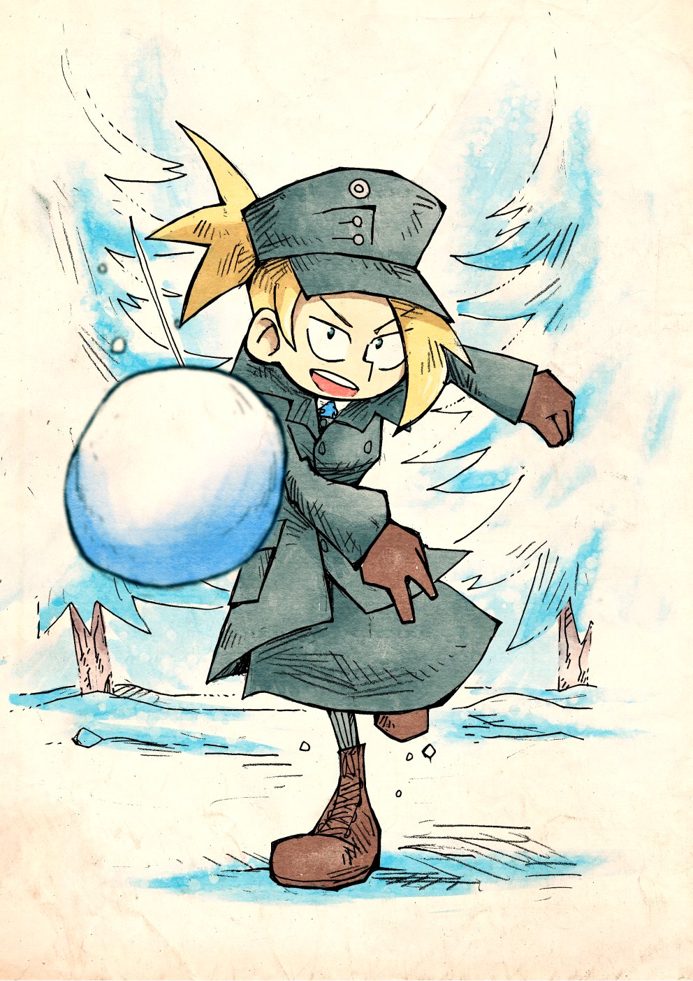 boots, brown_boots, brown_gloves, coat, gloves, grey_coat, grey_hat, hat