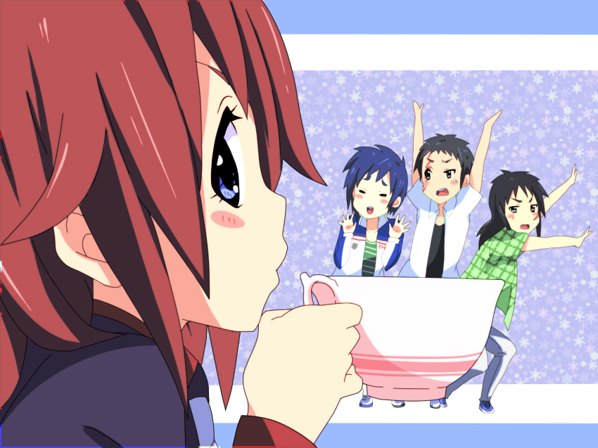 black_hair, blue_eyes, blue_hair, blush_stickers, buraiden_gai, cover_parody, cup, eyebrows