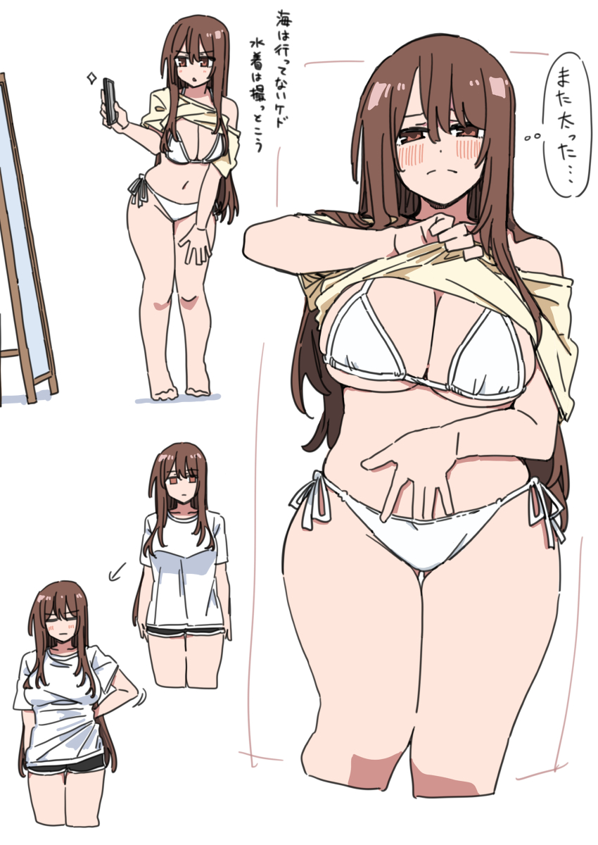absurdres, bikini, breasts, brown_eyes, brown_hair, cellphone, clothes_lift, dolphin_shorts