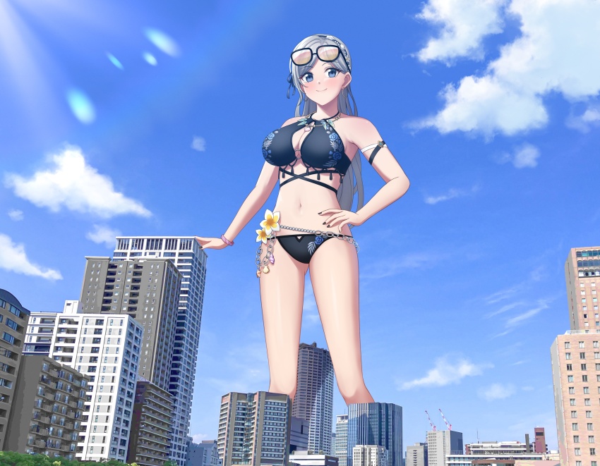 1girl, absurdres, bikini, black_bikini, black_nails, blue_eyes, bracelet, breasts