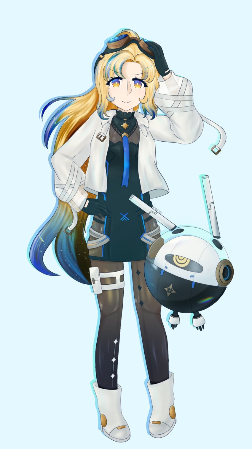 1girl, arcaea, black_gloves, blonde_hair, blue_background, blue_eyes, boots, cosmicirene