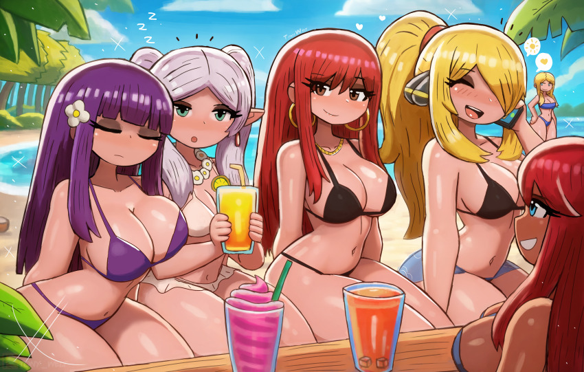 6+girls, absurdres, beach, bikini, bikini_skirt, black_bikini, blonde_hair, blue_bikini, blue_eyes, blue_sarong, blush, breasts, brown_eyes, bush, cellphone, character_request, check_character, cleavage, closed_eyes, cloud, collarbone, crossover, cup, cynthia_(pokemon), dark_skin, drink, drinking_glass, drinking_straw, earrings, elf, erza_scarlet, fairy_tail, fern_(sousou_no_frieren), floral_print, flower, flower_necklace, food, frieren, fruit, green_eyes, grey_hair, grin, hair_flower, hair_ornament, hair_over_one_eye, hand_on_own_hip, heart, highres, holding, holding_cup, holding_drink, holding_phone, hoop_earrings, ice, ice_cube, jewelry, juice, large_breasts, lei, lemon, lemon_slice, lemonade, long_hair, looking_at_viewer, multiple_girls, navel, necklace, nintendo, ocean, open_mouth, orange_juice, palm_tree, phone, pointy_ears, pokemon, pokemon_black_and_white, pokemon_diamond/pearl/platinum, pokemon_sun_and_moon, ponytail, print_sarong, purple_bikini, purple_hair, red_hair, sand, sarong, sidelocks, sitting, sky, skyla_(pokemon), sleeping, slushie, smartphone, smile, sousou_no_frieren, sparkle, speech_bubble, spoken_heart, spoken_sun, standing, summer, swimsuit, table, talking_on_phone, teeth, thick_thighs, thighs, tony_welt, tree, twintails, water, white_bikini, white_flower, wide_hips, zzz