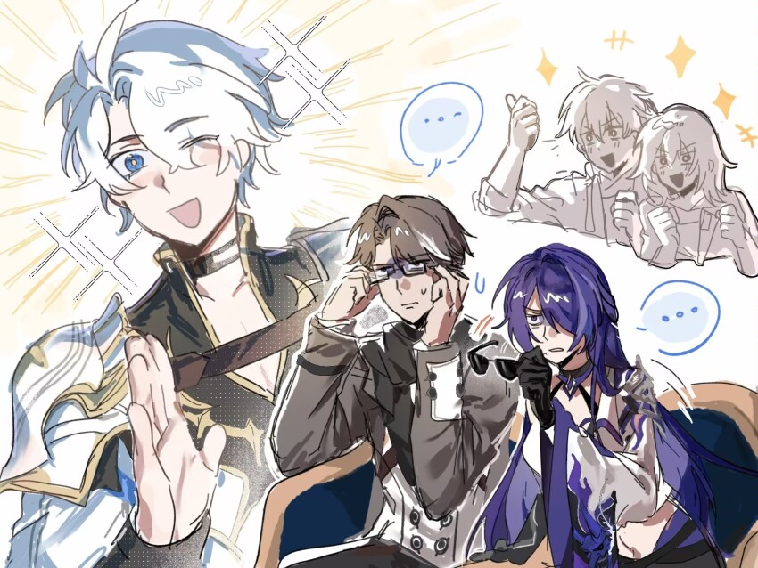 ..., 2girls, 3boys, acheron_(honkai:_star_rail), annoyed, black_choker, black_scarf, blue_eyes