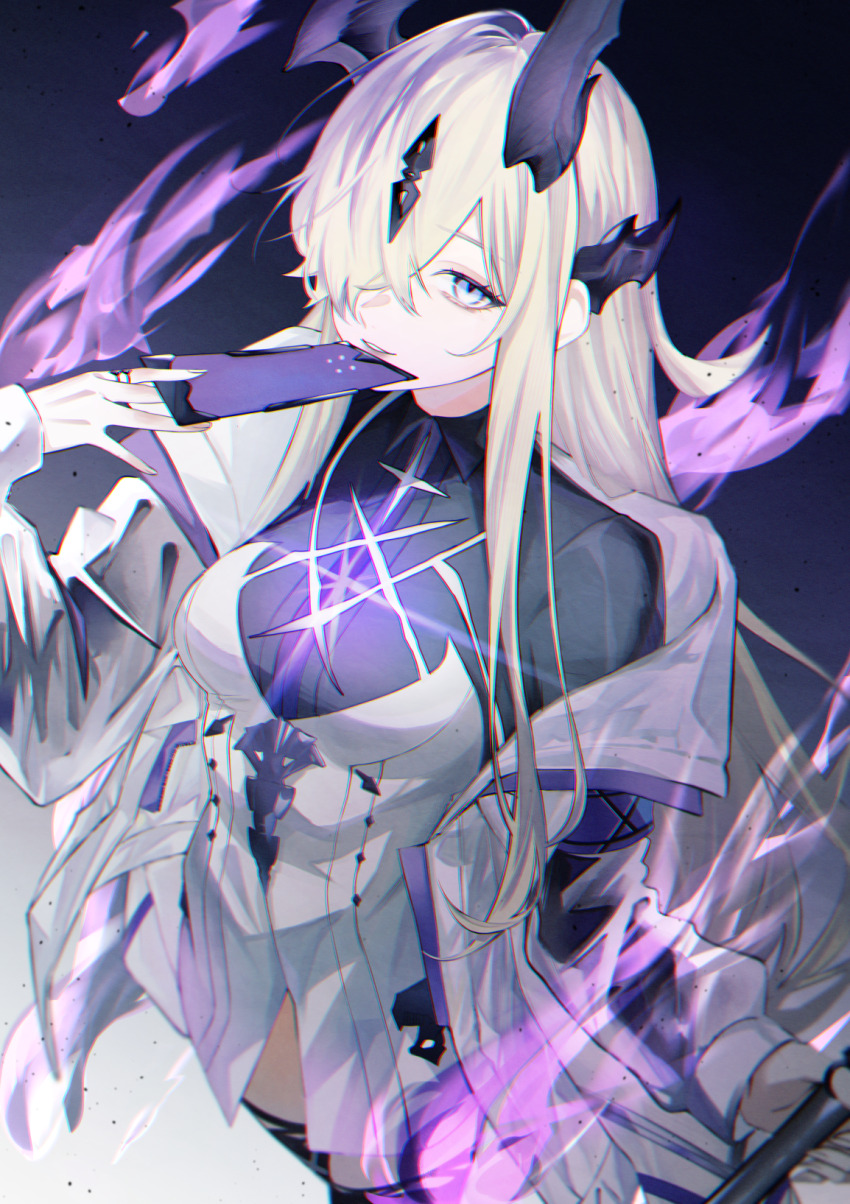 1girl, arknights, black_background, black_horns, black_thighhighs, blonde_hair, chromatic_aberration, cowboy_shot