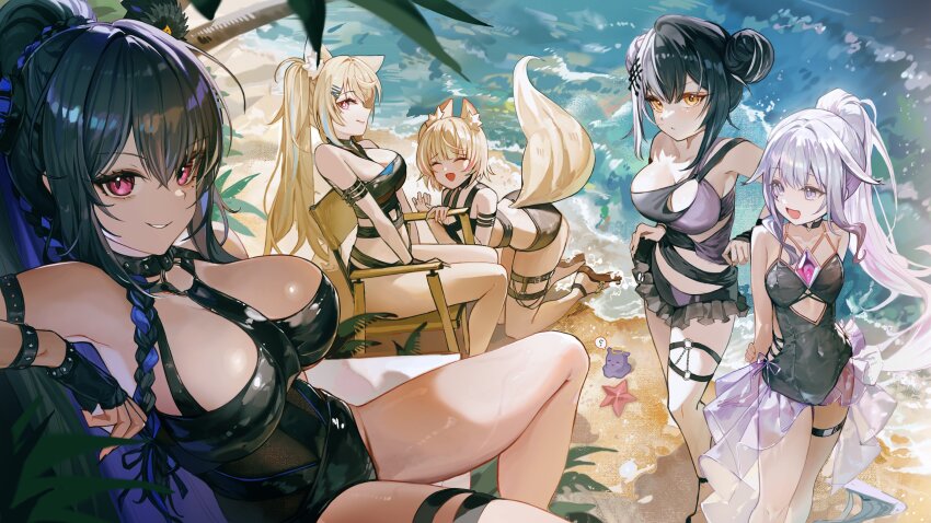 5girls, absurdres, animal_ear_fluff, animal_ears, beach, bikini, black_bikini, black_choker