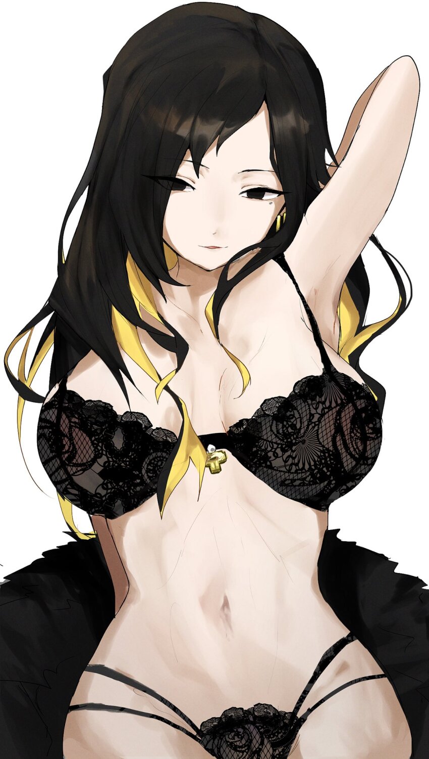 1girl, akaimo_(akaimokou), binah_(project_moon), black_bra, black_eyes, black_hair, black_panties, blonde_hair