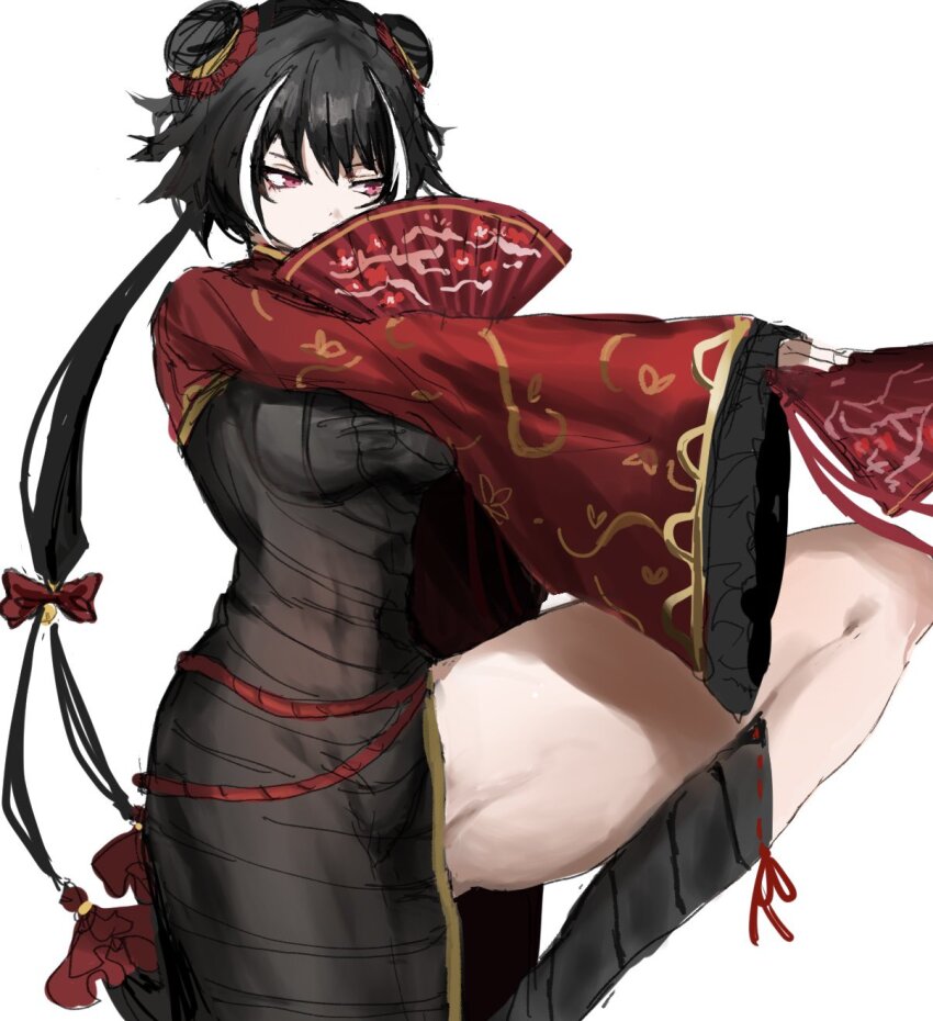 1girl, akaimo_(akaimokou), black_dress, black_hair, breasts, chinese_clothes, double_bun, dress