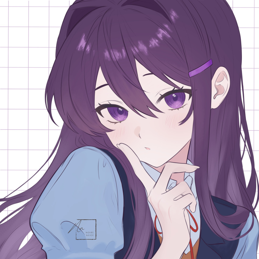 1girl, :o, absurdres, blush, doki_doki_literature_club, doki_doki_literature_club_school_uniform, finger_to_cheek, grid_background