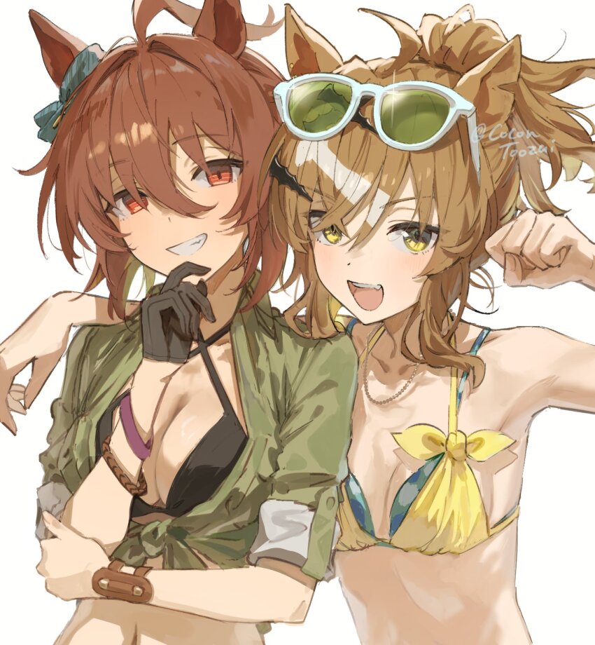 2girls, agnes_tachyon_(umamusume), ahoge, animal_ears, bare_shoulders, bikini, black_bikini, black_gloves, blush, bracelet, breasts, brown_hair, cleavage, clenched_hand, cocontoozai, eyewear_on_head, gloves, green-tinted_eyewear, green_eyes, green_shirt, grin, hand_on_another's_shoulder, hand_on_own_arm, hand_on_own_chin, highres, horse_ears, horse_girl, jewelry, jungle_pocket_(tobasuze_hot_summer!)_(umamusume), jungle_pocket_(umamusume), large_breasts, long_hair, multiple_bracelets, multiple_girls, official_alternate_costume, open_mouth, ponytail, red_eyes, shirt, short_hair, sidelocks, single_glove, smile, sunglasses, swimsuit, teeth, tied_shirt, tinted_eyewear, umamusume, upper_body, upper_teeth_only, very_long_hair, white-framed_eyewear, yellow_bikini