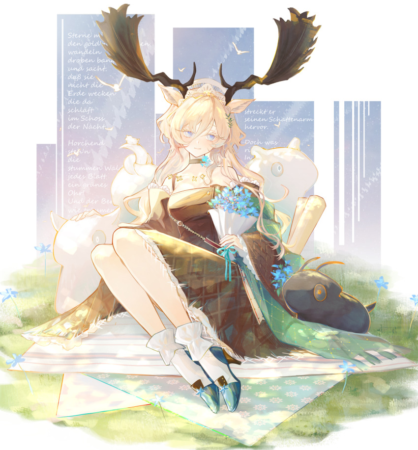 1girl, animal_ears, ankle_socks, antlers, aqua_ribbon, aqua_shoes, arknights, bare_shoulders