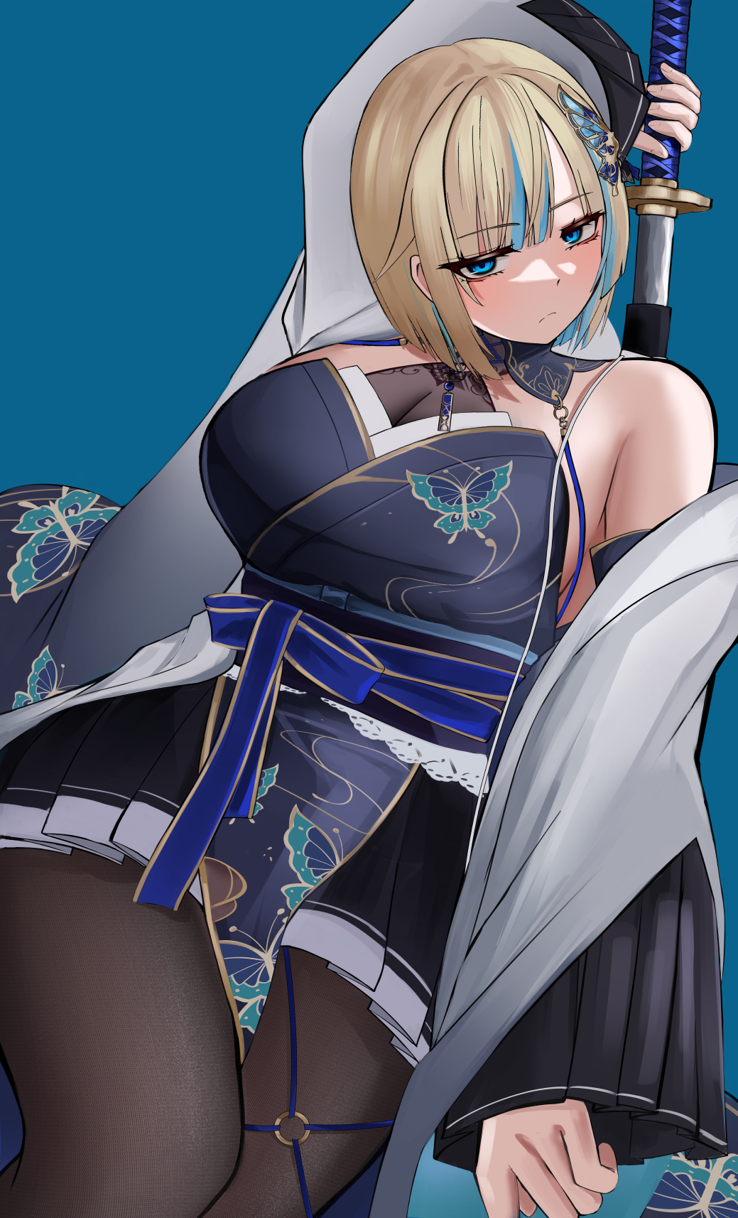 1girl, agemaki_knot, aizawa_ema, aizawa_ema_(5th_costume), animal_print, aqua_hair, aqua_streaks, arm_behind_head