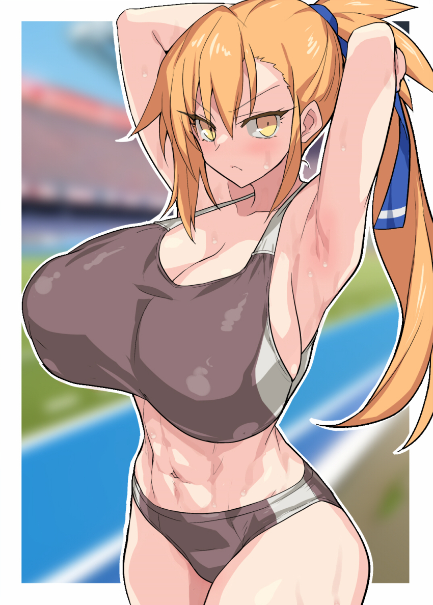 >:(, 1girl, abs, armpit_focus, armpits, arms_behind_head, asymmetrical_bangs, blue_ribbon, blurry, blurry_background, border, breasts, buruma, commission, cowboy_shot, eeeeee, hair_between_eyes, hands_in_own_hair, highres, huge_breasts, kita_hiroyume, kurama-chan_ni_guitte_shitara_pisha_tte_sareta, long_hair, navel, orange_hair, outline, pixiv_commission, ponytail, ribbon, running_track, solo, sports_bikini, sports_bra, sweat, toned, toned_female, track_and_field, track_uniform, v-shaped_eyebrows, white_border, white_outline, yellow_eyes