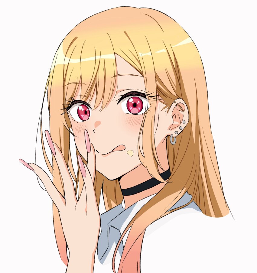 1girl, andanden, black_choker, blonde_hair, blush, choker, closed_mouth, collared_shirt, ear_piercing, earrings, food, food_on_face, gradient_hair, hand_up, highres, jewelry, kitagawa_marin, licking_lips, looking_at_viewer, multicolored_hair, piercing, pink_nails, portrait, red_eyes, shirt, sidelocks, simple_background, solo, sono_bisque_doll_wa_koi_wo_suru, tongue, tongue_out, white_background, white_shirt