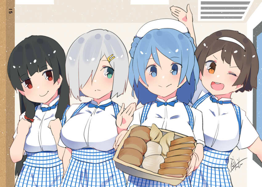 4girls, absurdres, apron, basket, black_hair, blue_apron, blue_bow, blue_eyes, blue_hair, blue_skirt, blush, bow, bowtie, bread, breasts, brown_eyes, brown_hair, checkered_apron, checkered_clothes, day, double_bun, employee_uniform, food, gingham_apron, gingham_clothes, gingham_skirt, grey_hair, hair_bun, hair_ornament, hair_over_one_eye, hair_ribbon, hairband, hairclip, hamakaze_(kancolle), hat, high-waist_skirt, highres, holding, holding_basket, indoors, inica, isokaze_(kancolle), kantai_collection, kobeya, kobeya_uniform, large_breasts, long_hair, looking_at_viewer, multiple_girls, pleated_shirt, pleated_skirt, red_eyes, ribbon, shirt, short_hair, short_sleeves, skirt, smile, tanikaze_(kancolle), two-tone_apron, two-tone_skirt, urakaze_(kancolle), waitress, white_apron, white_hat, white_shirt, white_skirt, window