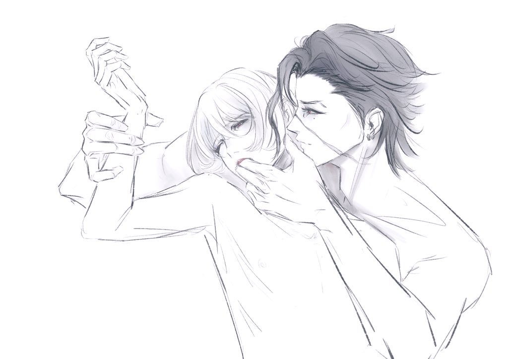 2boys, cain_(silver_and_blood), closed_mouth, finger_in_another's_mouth, greyscale, hair_between_eyes, head_tilt, holding_another's_arm, male_focus, meimei_(rin_aichan), mole, mole_under_eye, monochrome, multiple_boys, noah_nevernight, pointy_nose, scar, scar_on_face, short_hair, silver_and_blood, simple_background, smile, topless_male, upper_body, white_background, yaoi