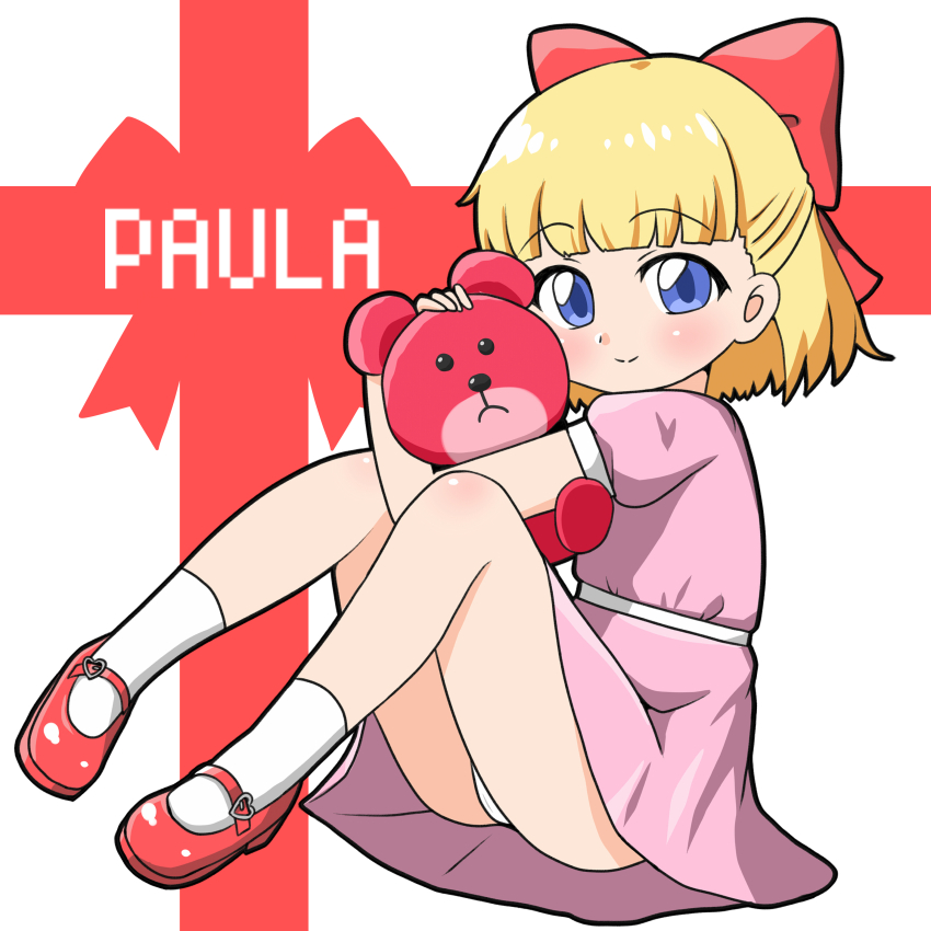 1girl, absurdres, blonde_hair, blue_eyes, blush, bow, child, dress, hair_bow, highres, holding, holding_stuffed_toy, loli, mary_janes, mother_(series), mother_2, nintendo, panties, paula_(mother_2), pink_dress, red_bow, red_shoes, ribbon, shoes, short_hair, short_sleeves, smile, socks, solo, stuffed_animal, stuffed_toy, teddy_bear, toy, underwear, white_background, white_panties, white_socks, yamatotatari