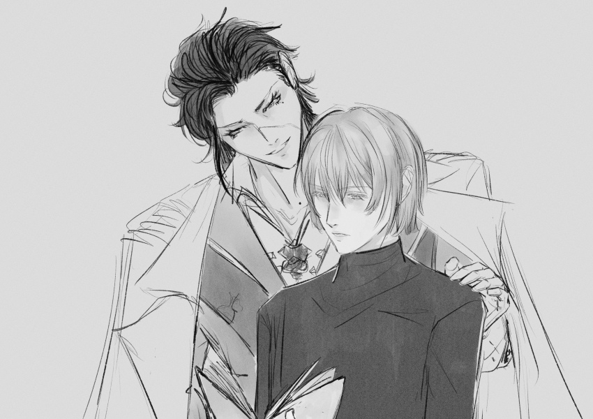 2boys, absurdres, book, cain_(silver_and_blood), coat, coat_on_shoulders, collared_coat, collared_jacket, collared_shirt, commentary, english_commentary, expressionless, eyelashes, grey_background, greyscale, hair_between_eyes, hand_on_another's_shoulder, happy, highres, holding, holding_book, jacket, jewelry, lapels, lips, long_sleeves, looking_at_another, male_focus, meimei_(rin_aichan), mole, mole_under_eye, monochrome, multiple_boys, necklace, noah_nevernight, notched_lapels, open_book, open_mouth, pointy_ears, reading, shirt, short_hair, silver_and_blood, simple_background, smile, turtleneck, turtleneck_shirt, upper_body, yaoi