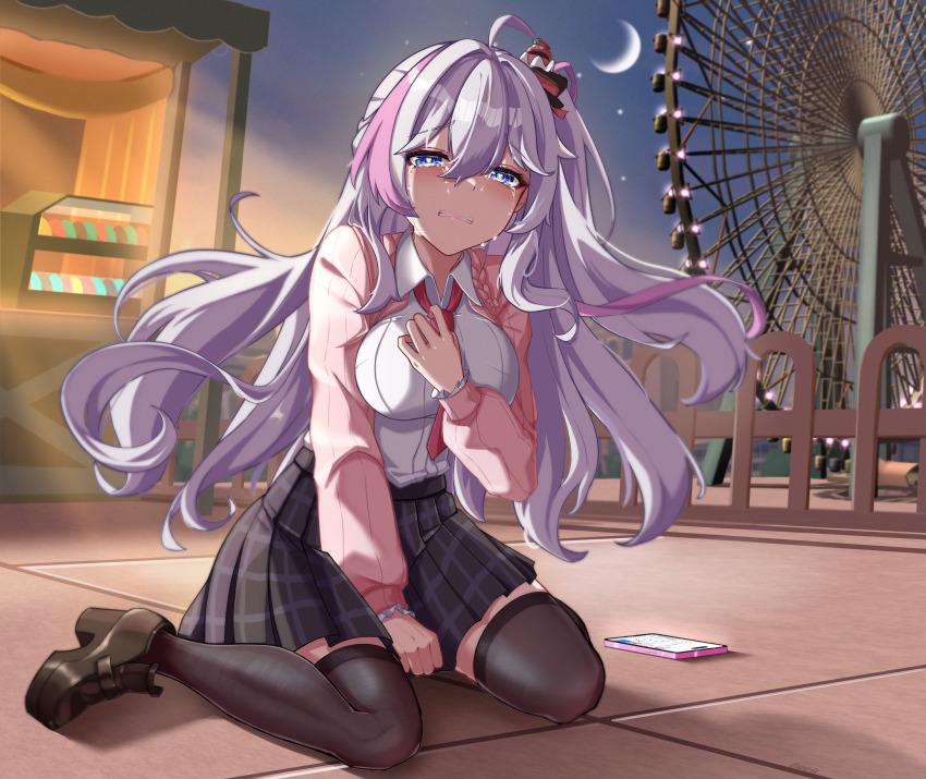 1girl, absurdres, ahoge, between_legs, blue_eyes, blush, cardigan, cellphone, crying, dress_shirt, ferris_wheel, hair_between_eyes, hair_ornament, hand_between_legs, hand_on_own_chest, high_heels, highres, kanami_(heartbeat_memories)_(strinova), kanami_(strinova), long_hair, moon, multicolored_hair, necktie, night, on_floor, open_mouth, outdoors, phone, pink_hair, pleated_skirt, ribbon, shirt, shoes, side_ponytail, sitting, skirt, sky, smartphone, solo, strinova, tears, teeth, thighhighs, uncle_dash, wariza, white_hair, white_shirt, wind