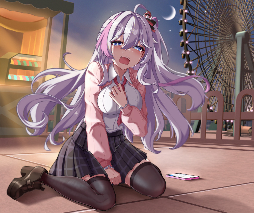 1girl, absurdres, ahoge, between_legs, blue_eyes, blush, cardigan, cellphone