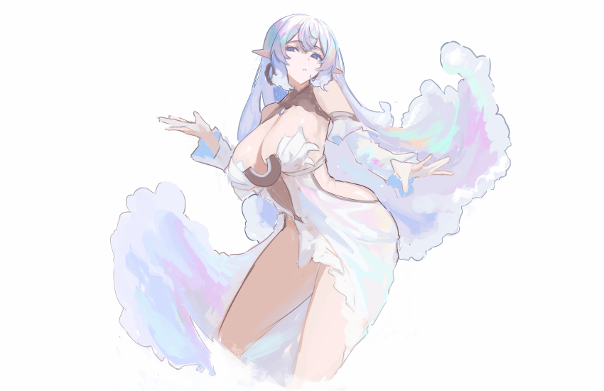 1girl, absurdres, breasts, clothing_cutout, detached_sleeves, dress, earrings, highres