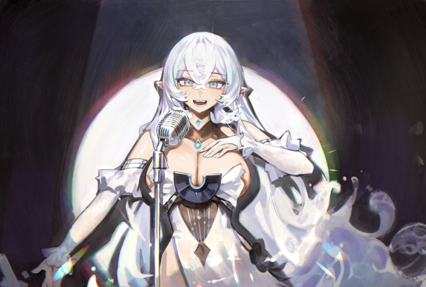 1girl, absurdres, blue_eyes, breasts, clothing_cutout, commission, dress, gloves