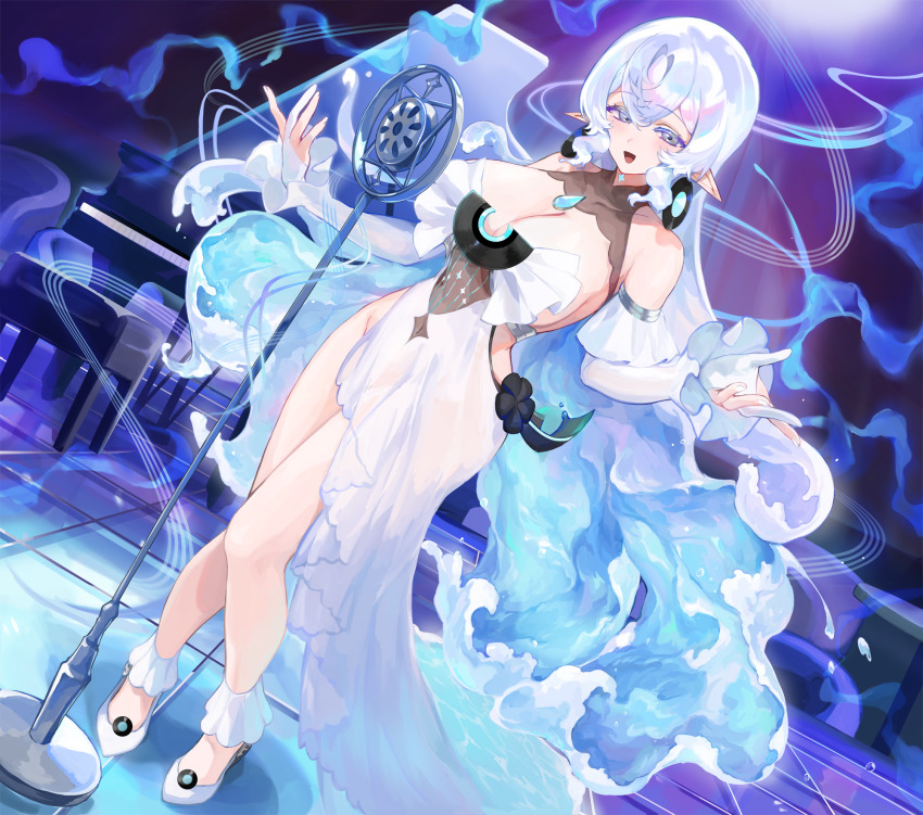 1girl, aoijigoku, blue_hair, breasts, cleavage, clothing_cutout, detached_sleeves, dress