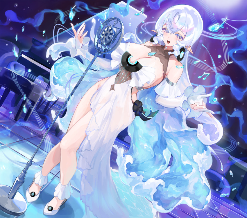 1girl, aoijigoku, blue_hair, breasts, cleavage, clothing_cutout, detached_sleeves, dress