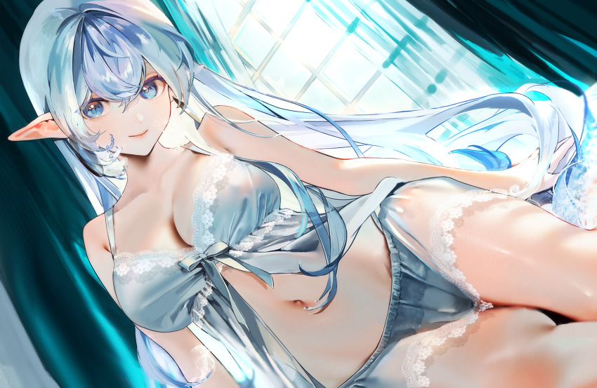 1girl, babydoll, blue_babydoll, blue_eyes, blue_hair, blue_panties, breasts, cleavage
