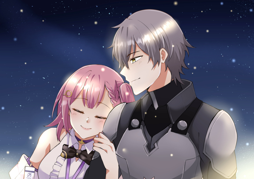 1boy, 1girl, arm_hug, asta_(honkai:_star_rail), bare_shoulders, black_bow, black_bowtie, black_shirt