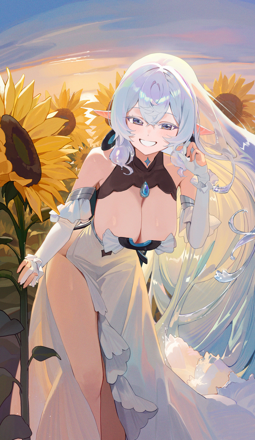 1girl, absurdres, blue_hair, breasts, cleavage, clothing_cutout, commission, detached_sleeves
