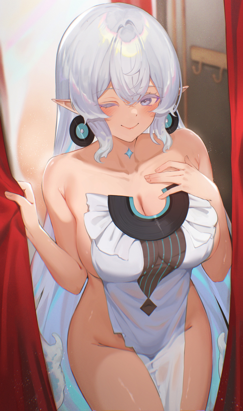 absurdres, breasts, changing_room, cleavage, clothes_in_front, collarbone, commission, curtains