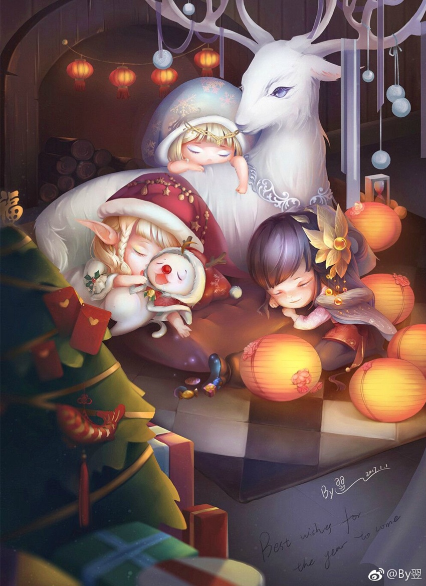 3girls, alternate_costume, animal, black_hair, black_pantyhose, blonde_hair, blue_cloak, blue_eyeshadow, blunt_bangs, braid, by_yi, carpet, cat, chibi, chinese_new_year, christmas, christmas_adventure_(miracle_nikki), circlet, cloak, closed_eyes, clothed_animal, clown_nose, deer, dress, elf, eyeshadow, flower, fur-trimmed_cloak, fur-trimmed_headwear, fur_trim, gift, grey_cloak, hair_flower, hair_ornament, hat, highres, holly, hood, hood_down, hood_up, hooded_cloak, hourglass, lantern, letterboxed, long_hair, makeup, miracle_nikki, momo_(nikki), multiple_girls, nikki_(series), ode_to_lantern_(miracle_nikki), open_mouth, pantyhose, paper_lantern, pointy_ears, pom_pom_(clothes), ponytail, red_dress, red_hat, red_shoes, rondo_of_snowy_night_(miracle_nikki), santa_hat, shoes, short_dress, short_ponytail, side_braid, signature, single_braid, sleeping, smile, snowflakes, watermark, weibo_watermark, white_cat, white_cloak, yellow_flower