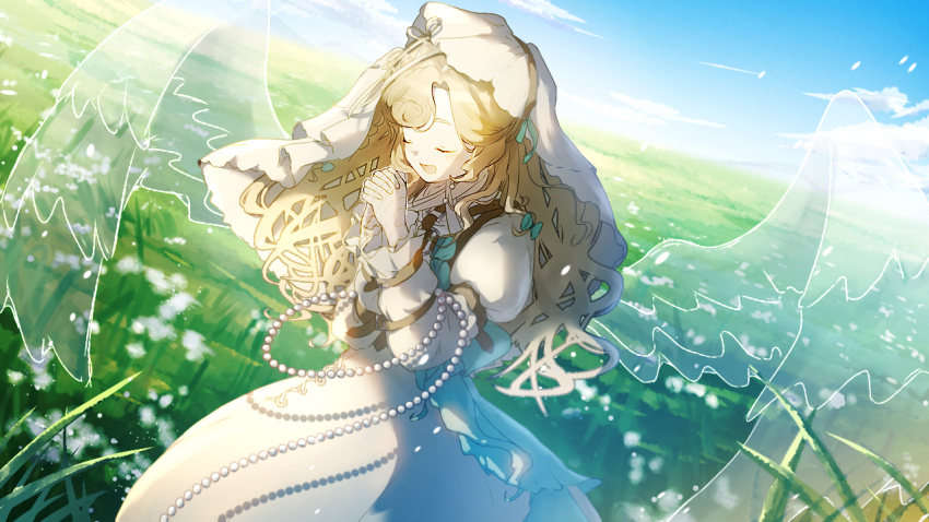 1girl, arm_belt, bandaged_hand, bandages, belt, blonde_hair, blue_sky, brown_belt