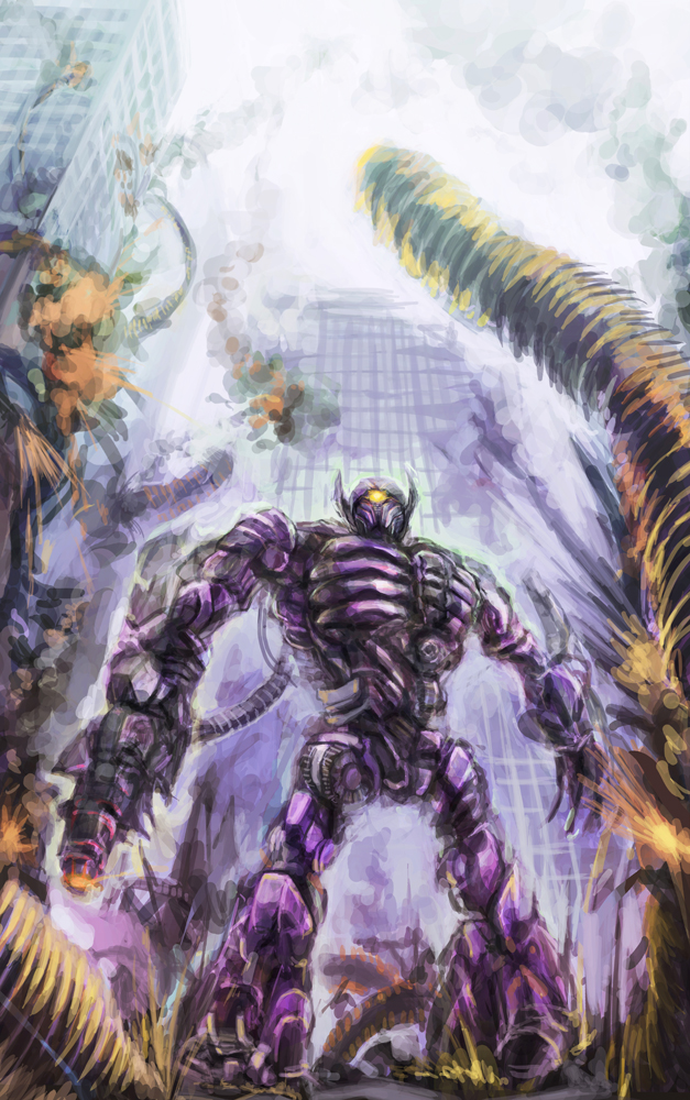 arm_cannon, building, city, destruction, explosion, mecha, nidoro, no_humans, robot, ruins, shockwave_(transformers), smoke, solo, transformers, transformers:_dark_of_the_moon, transformers_(live_action), weapon