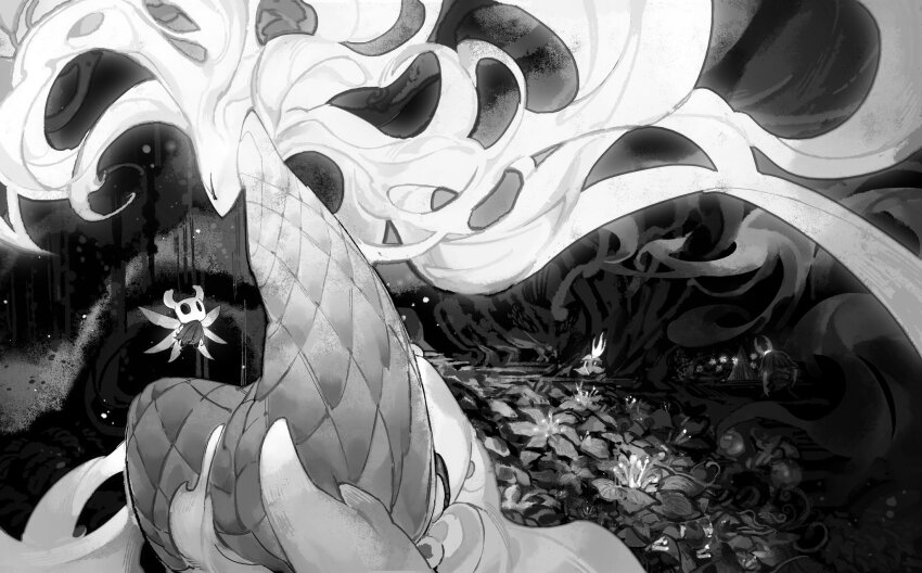 1other, 2girls, black_eyes, corpse, darkdog, dryya_(hollow_knight), greyscale, highres