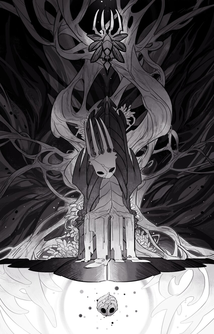 1boy, black_eyes, bug, charm_(hollow_knight), crack, crown, darkdog, greyscale