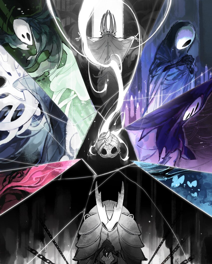 1other, 2boys, 3girls, black_eyes, black_robe, bug, crack, crown