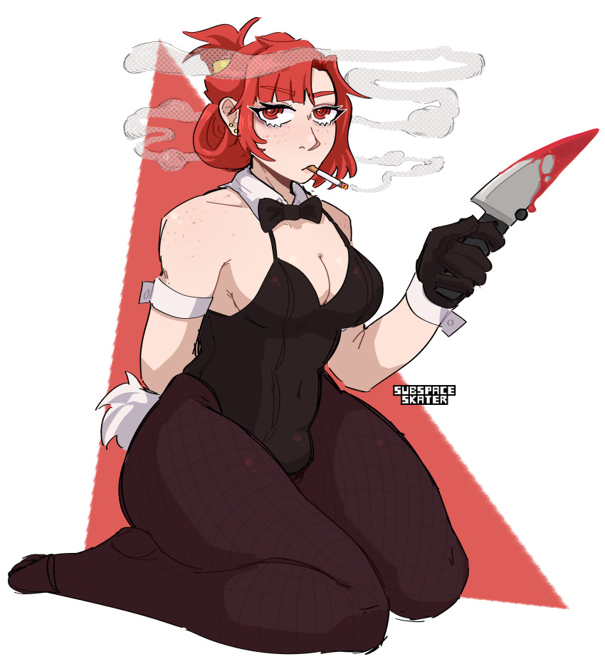 1girl, absurdres, alt_text, armband, artist_name, black_bow, black_bowtie, black_gloves, black_leotard, blood, bloody_weapon, bow, bowtie, breasts, brown_pantyhose, bulge, cigarette, cleavage, commentary, covered_navel, earrings, english_commentary, evangeline_morgan, folded_ponytail, freckles, gloves, hair_up, highres, holding, holding_knife, holding_weapon, jewelry, knife, leotard, looking_at_viewer, medium_breasts, mouth_hold, of_the_devil, pantyhose, playboy_bunny, red_eyes, red_hair, simple_background, sitting, smoking, solo, stud_earrings, subspaceskater, traditional_bowtie, weapon, white_background