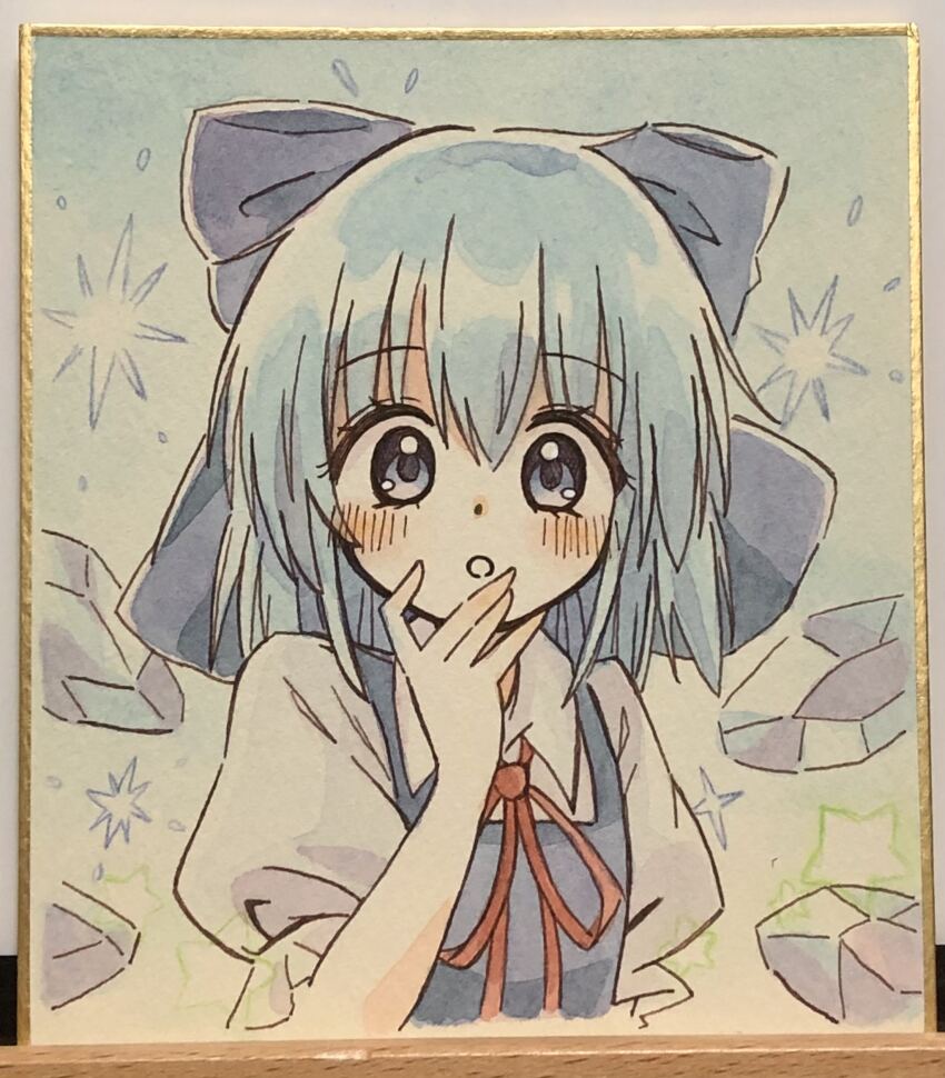 1girl, blue_bow, blue_dress, blue_eyes, blue_hair, blush, bow, cirno