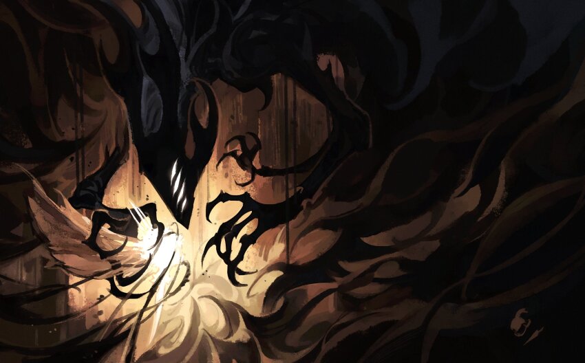 1girl, 1other, blank_eyes, darkdog, darkness, extra_eyes, extra_hands, glowing