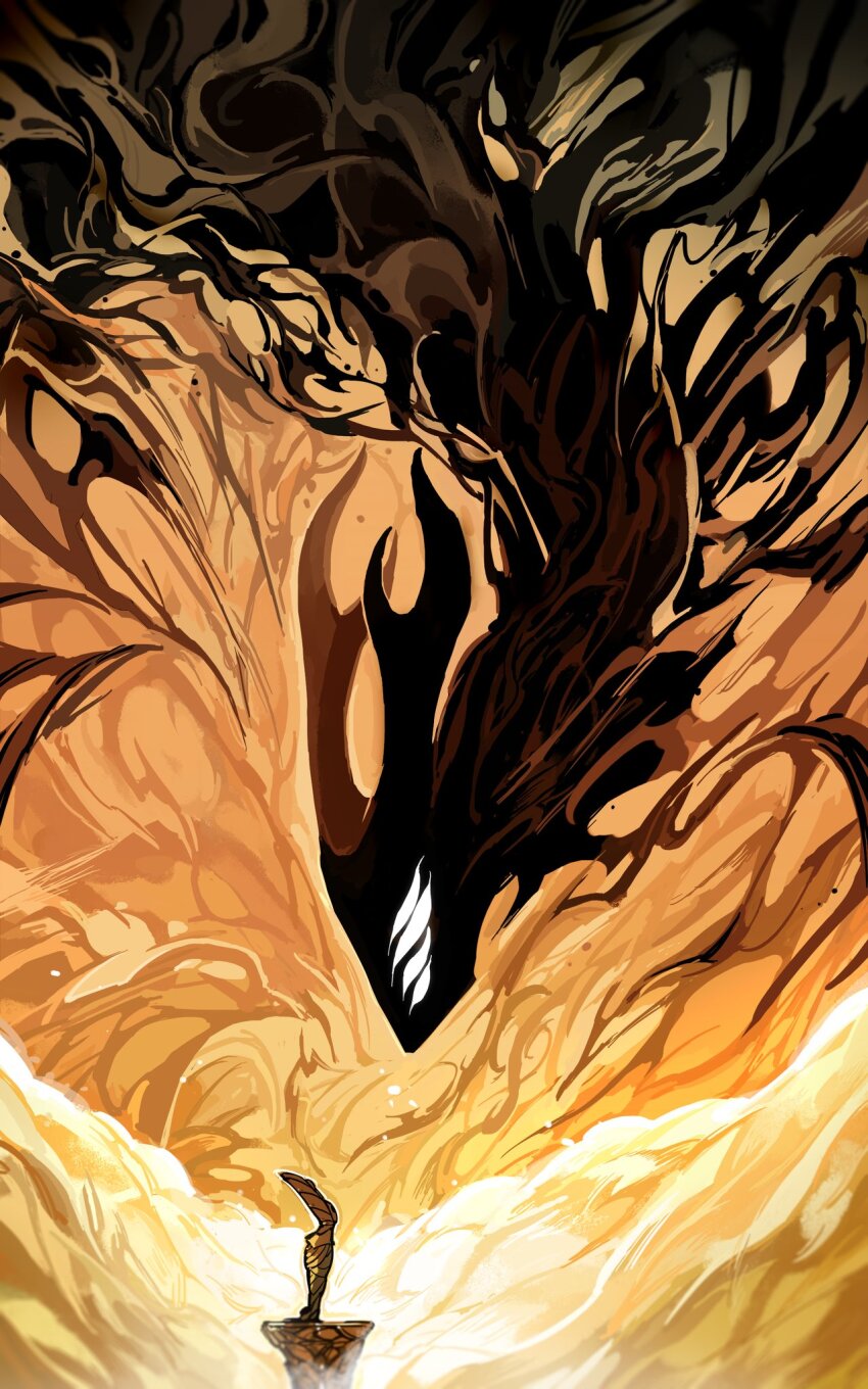 1girl, 1other, blank_eyes, color_contrast, contrast, darkdog, darkness, extra_eyes, godseeker_(hollow_knight), highres, hollow_knight, horns, looking_at_another, monster, size_difference, void_entity_(hollow_knight), white_eyes