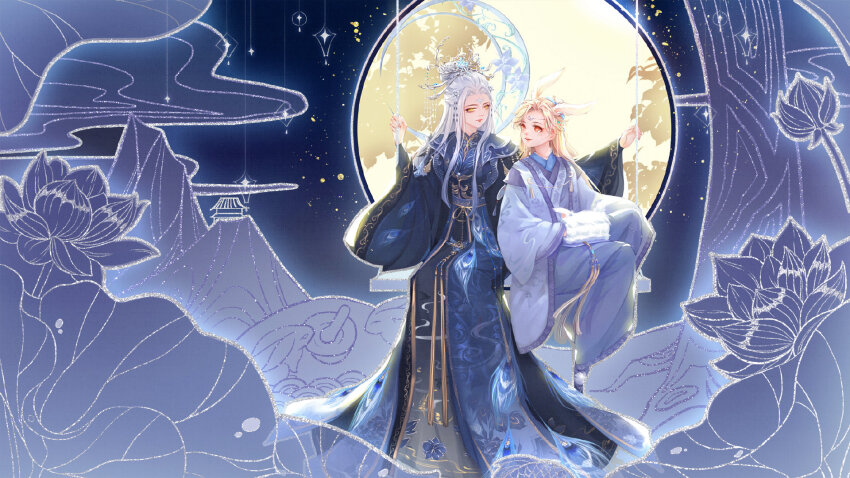 1girl, 2boys, animal_ears, baggy_pants, baishuo_(shining_nikki), blonde_hair, blue_halo, blue_hanfu