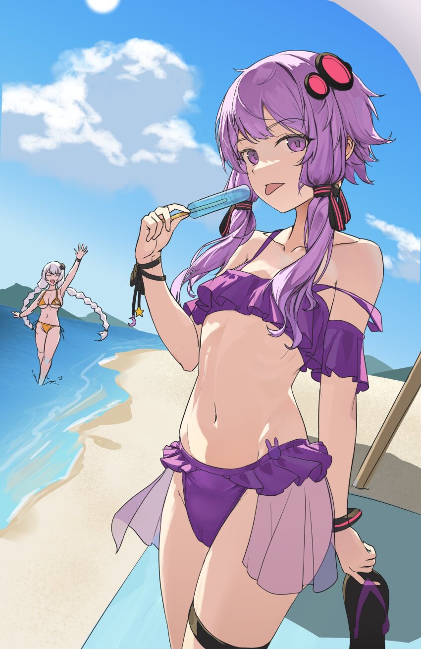 2girls, absurdres, amely_elden, arm_garter, bangle, bare_shoulders, beach, beach_umbrella, bikini, bow, bracelet, braid, breasts, cameltoe, closed_mouth, cloud, collarbone, day, flat_chest, flip-flops, food, frilled_bikini, frills, groin, hair_bow, hair_ornament, highres, holding, holding_sandals, jewelry, kizuna_akari, large_breasts, long_hair, looking_at_viewer, mountainous_horizon, multiple_girls, navel, ocean, outdoors, pink_bikini, popsicle, purple_eyes, purple_hair, ribbon, sand, sandals, sidelocks, solo_focus, standing, sun, swimsuit, thigh_strap, tongue, tongue_out, twin_braids, umbrella, vocaloid, voiceroid, water, waving, white_hair, wrist_ribbon, yellow_bikini, yuzuki_yukari